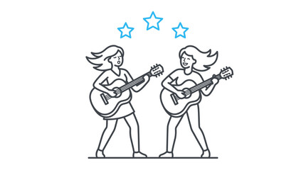Fototapeta premium Two happy women playing acoustic guitars and singing together under blue stars in minimal line art
