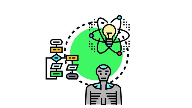 Artificial intelligence robot prototype sketch representing the development process. Featuring a human like machine. An idea lightbulb. An atom structure