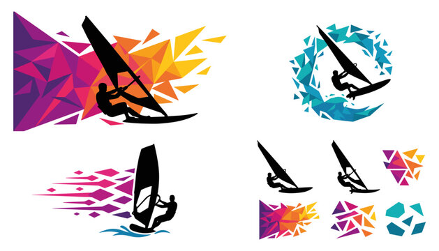  Windsurfing Athlete Silhouette Vector Set with Colorful Low Poly Geometric Splashes for Extreme Water Sports Logos, Summer Event Posters, and Active Apparel Prints