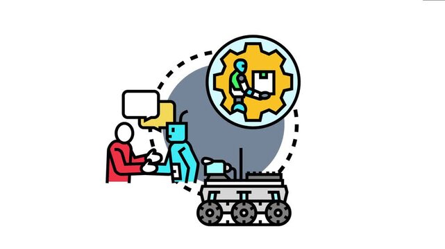 Artificial intelligence robot prototype development concept with human interaction, showcasing automation, future engineering, and collaborative innovation in a technologically advanced setting