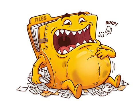 Yellow cartoon monster eating files and documents with big open mouth