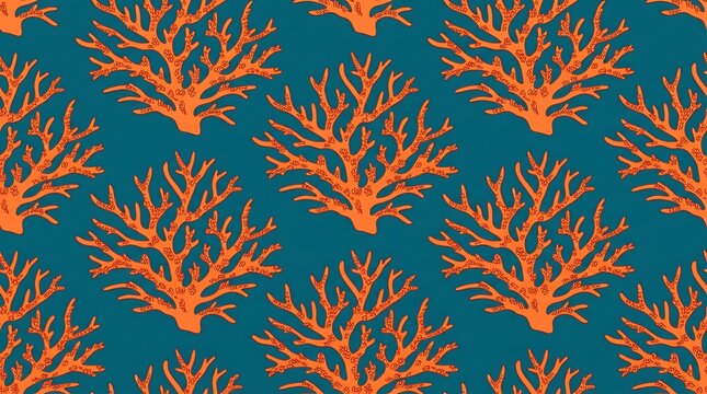 Seamless pattern of vibrant orange sea coral on a teal background