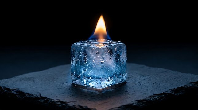 A single ice cube on a dark stone surface with a flame burning on top
