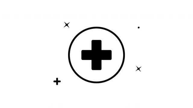 Medical cross icon animation in black line within a minimalist circle and transparent background. Suitable for medical and healthcare related designs and concepts.