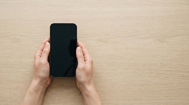 Person holding a smartphone with blank screen on wooden desk