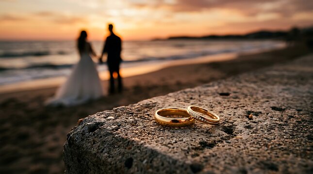 Golden wedding rings resting on a stone surface with a romantic couple standing on the beach at sunset