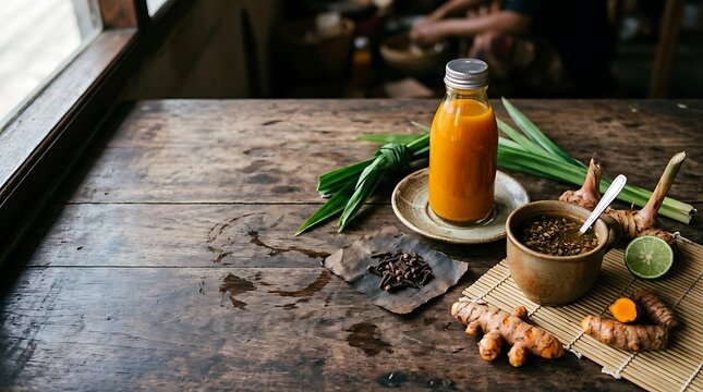 Traditional turmeric tonic and herbal ingredients on a wooden table