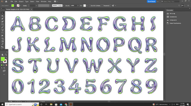 Adobe Illustrator interface displaying an iridescent metallic 3Dstyled alphabet and numeric character set