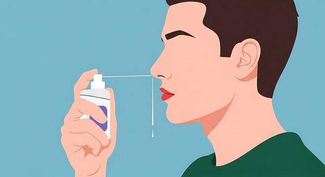 Man applies nasal spray with liquid running from nose