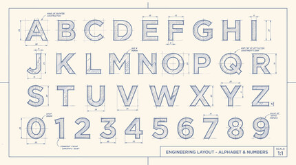 An engineering blueprint featuring an alphabet and numerals with dimension lines arrows and technical notations © Fauzan Adzima