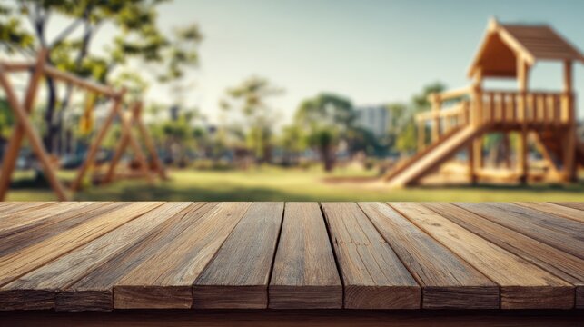 Rustic wooden table foreground, blurred playground in park. Warm outdoor background for product display and mockup