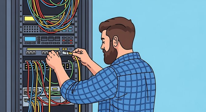 Man connecting network cable in server rack