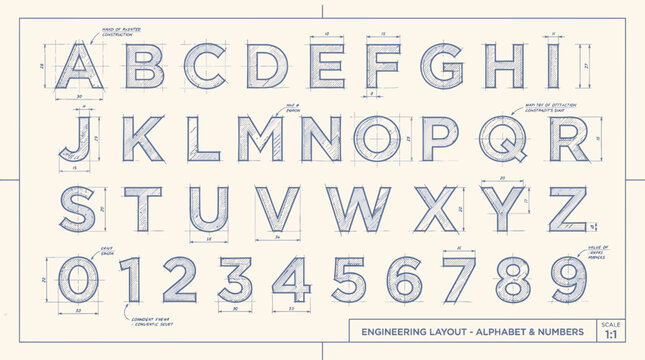An engineering blueprint featuring an alphabet and numerals with dimension lines arrows and technical notations