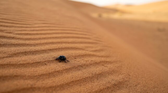 Small black beetle walking on ripples of a desert sand dune