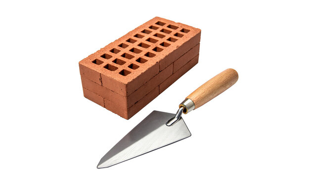 Red building brick with cement mortar and industrial trowel tool isolated on transparent background