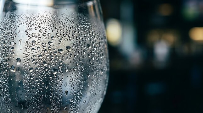 Macro shot of condensation droplets on a cold glass surface