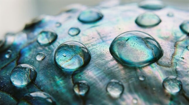 Macro water droplets on vibrant iridescent blue green abalone shell