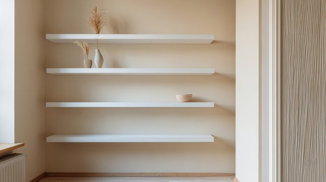 Minimalist built-in wall shelves, empty wooden shelving unit in modern interior, neutral beige home storage backdrop