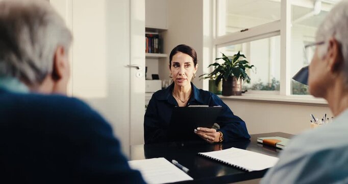 Advisor, talking and old couple at house with clipboard, finance report and advice for last will. Woman, meeting and senior people in home with checklist, financial security and inheritance planning