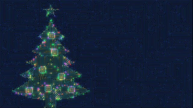 Glowing electronic circuit board Christmas tree against a complex blue microchip maze background tech holidays, loopable animation