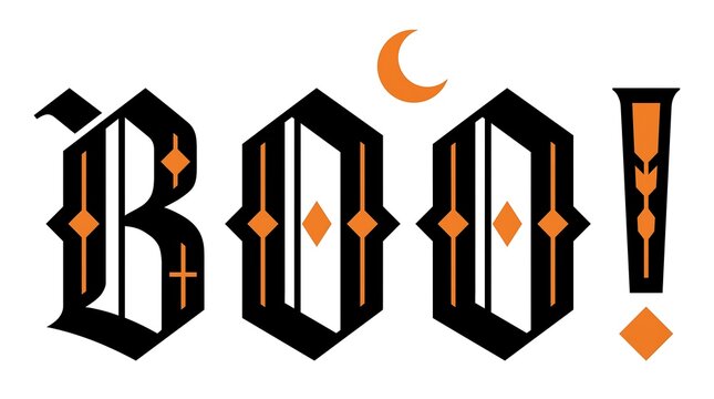 Ornate gothic lettering spelling boo with a crescent moon and spooky halloween design elements