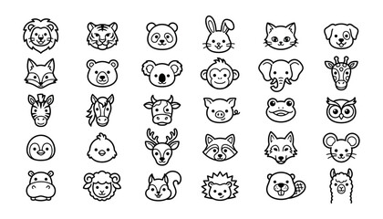 Obraz premium Cute Animal Icon Collection Representing Forest Wildlife, Farm Animals and Adorable Pet Faces. Editable Outline Icons. Vector Illustration.