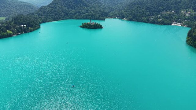 Drone Shot of Lake Bled and Island Under Julian Alps. Glacial Blue Water and Landscape on Sunny Summer Day