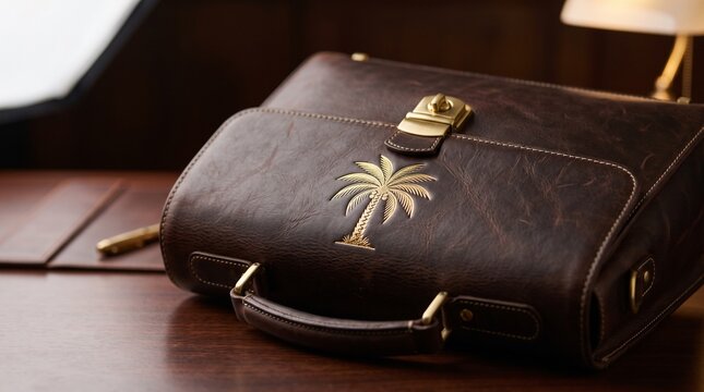 Luxury Brown Leather Briefcase with Gold Palm Tree Logo on Executive Office Desk. Professional Business Bag for Tropical Corporate Travel and Success.