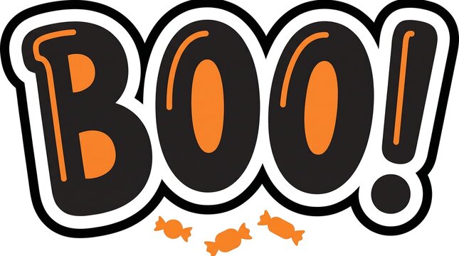 Festive halloween graphic with the word boo and scattered orange candy corn pieces