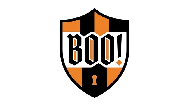 Halloween shield emblem with the word boo in orange and black for spooky season designs