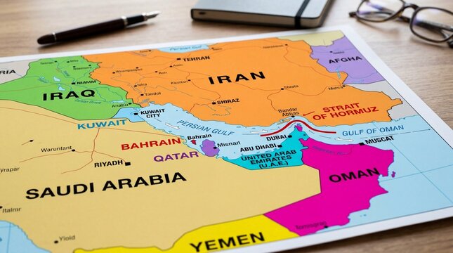 Physical map of Middle East countries on a desk for geopolitical study