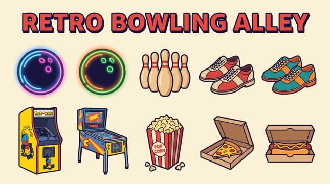 A collection of ten retro bowling and arcadethemed icons featuring snacks games and equipment