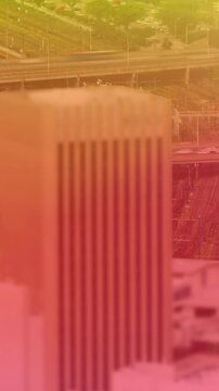 Animation of road traffic in fast motion yellow to pink tint over cityscape