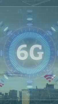 Animation of 6g text, data processing and scopes scanning on screens over cityscape