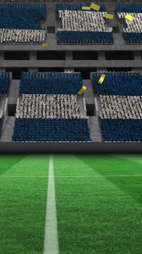 Digital animation of golden confetti falling against sports stadium in background