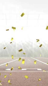 Digital animation of golden confetti falling against sports stadium in background