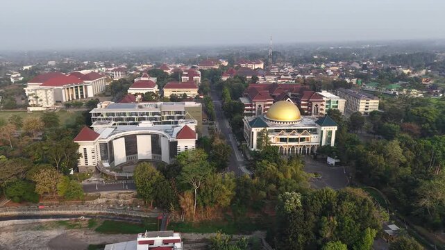 Morning aerial view of the integrated campus of the Islamic University of Indonesia, the first and oldest national private university in Indonesia located in Yogyakarta.