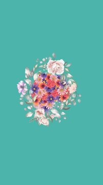 Animation of flowers and heart spinning in hypnotic motion on green background