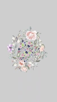 Animation of flowers and heart spinning in hypnotic motion on grey background