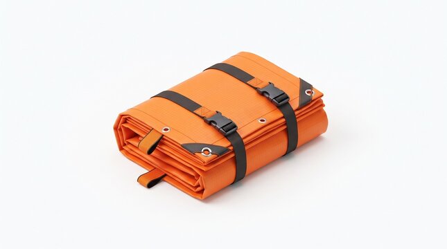 Folded orange heavy duty waterproof outdoor camping tarp secured with black buckle straps isolated on white background