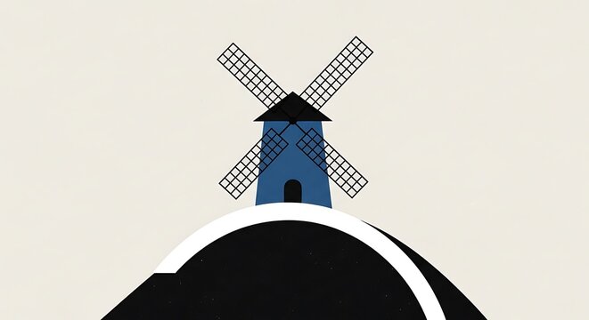 Minimalist blue windmill on a hill abstract illustration
