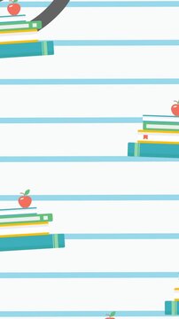 Animation of stacks of books and apples floating over ruled paper