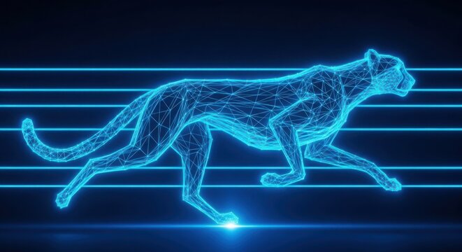 Neon blue digital cheetah running in a futuristic cyber space background illustration