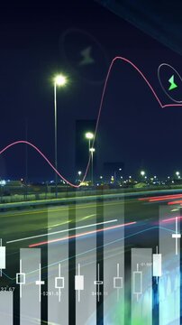 Animation of digital icons and data processing over cityscape