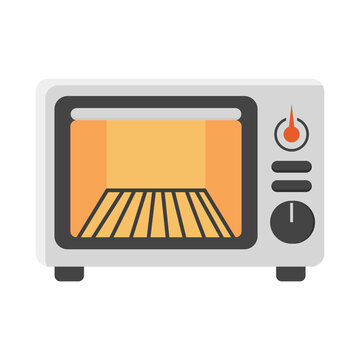 Flat vector illustration of a mini oven toaster with control dials, a warm glowing interior, and a grill rack