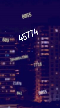 Animation of falling numbers over cityscape