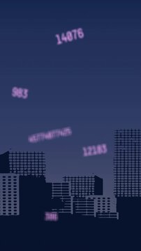 Animation of falling numbers over cityscape