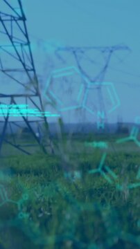 Chemical structures with program codes and a background of transmission towers