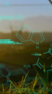 Chemical structures with program codes and a background of transmission towers