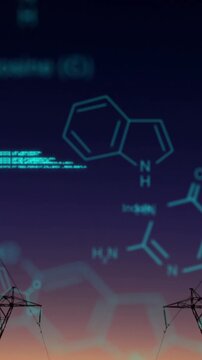 Chemical structures with program codes and a background of transmission towers